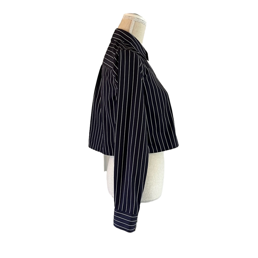 Theory Navy Pinstripe Cropped Button-Down Shirt Size Small - Picture 4 of 13